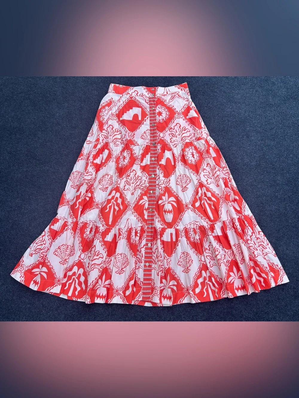 Oliphant Button Front Tiered Midi Skirt in Asterias Red Medium